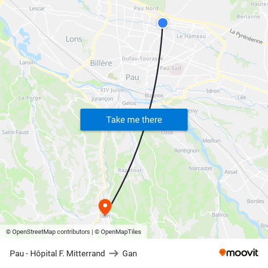 Pau - Hôpital F. Mitterrand to Gan map