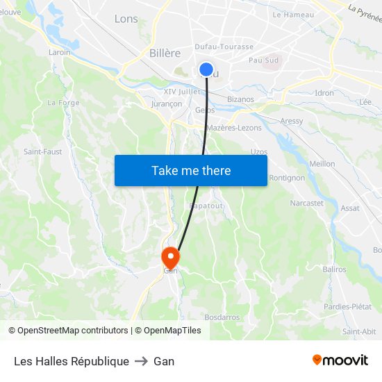 Les Halles République to Gan map