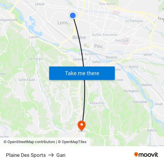 Plaine Des Sports to Gan map