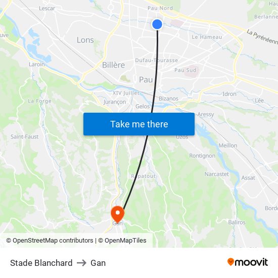 Stade Blanchard to Gan map