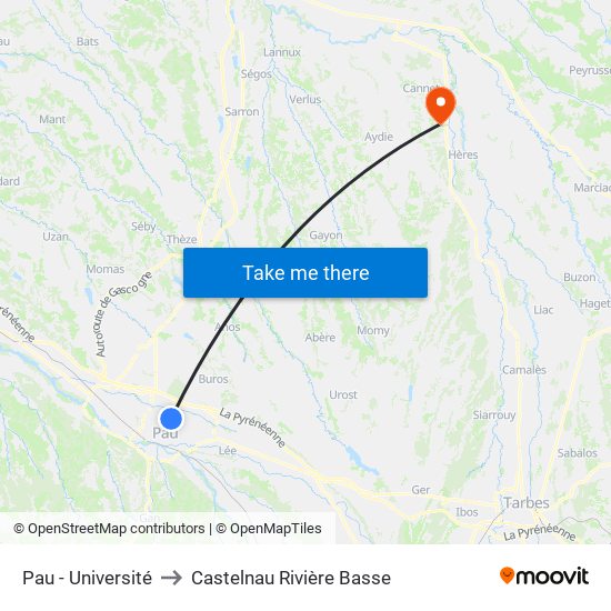 Pau - Université to Castelnau Rivière Basse map
