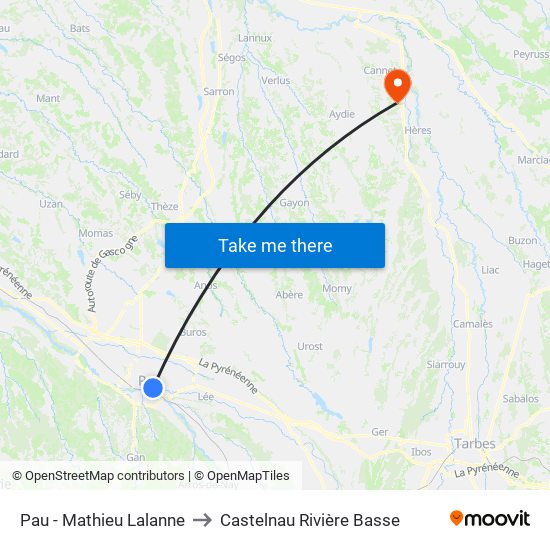 Pau - Mathieu Lalanne to Castelnau Rivière Basse map