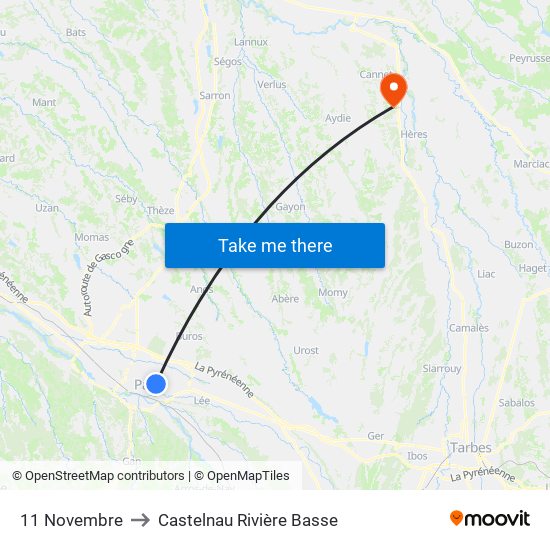 11 Novembre to Castelnau Rivière Basse map
