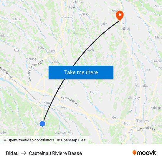 Bidau to Castelnau Rivière Basse map
