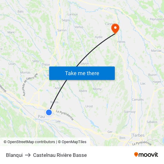 Blanqui to Castelnau Rivière Basse map