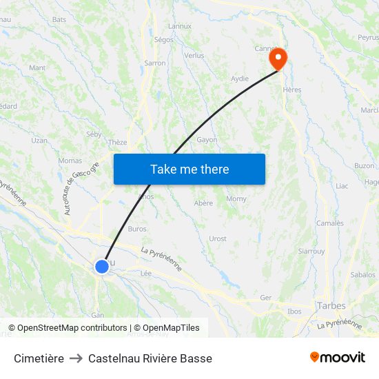 Cimetière to Castelnau Rivière Basse map