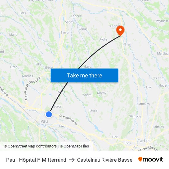 Pau - Hôpital F. Mitterrand to Castelnau Rivière Basse map