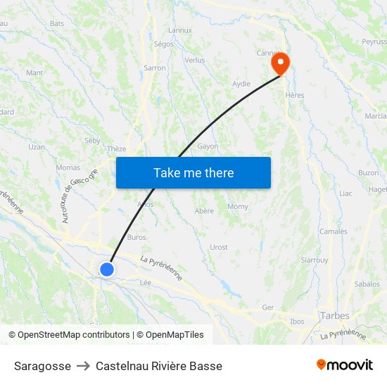 Saragosse to Castelnau Rivière Basse map