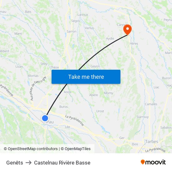 Genêts to Castelnau Rivière Basse map