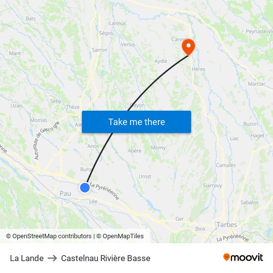 La Lande to Castelnau Rivière Basse map
