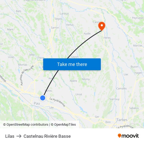 Lilas to Castelnau Rivière Basse map