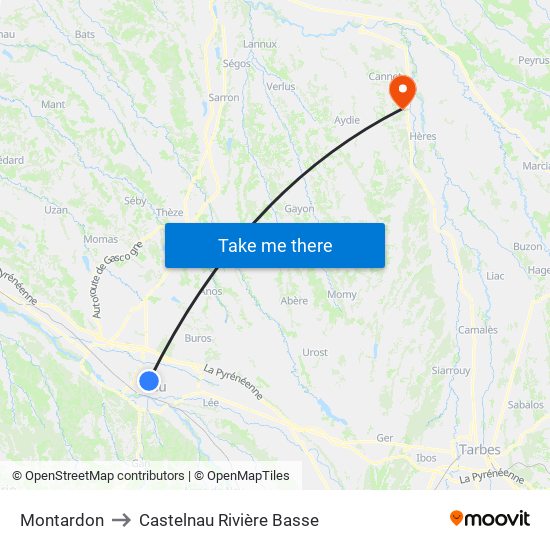 Montardon to Castelnau Rivière Basse map