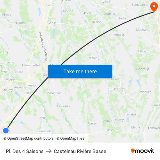 Pl. Des 4 Saisons to Castelnau Rivière Basse map