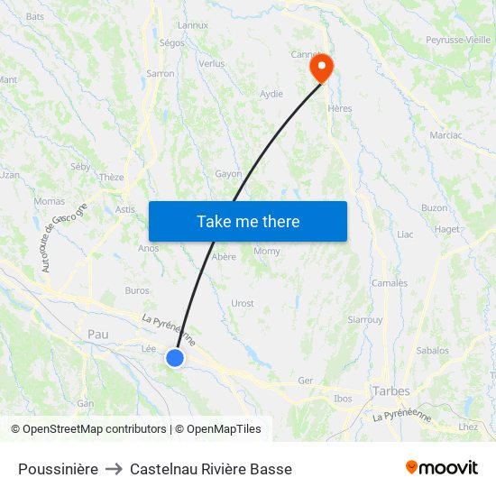 Poussinière to Castelnau Rivière Basse map