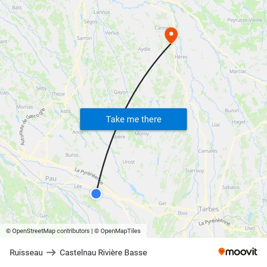 Ruisseau to Castelnau Rivière Basse map