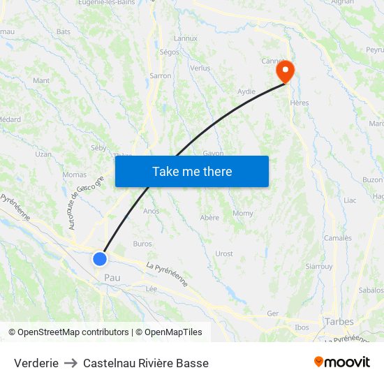 Verderie to Castelnau Rivière Basse map