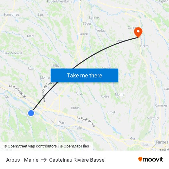 Arbus - Mairie to Castelnau Rivière Basse map