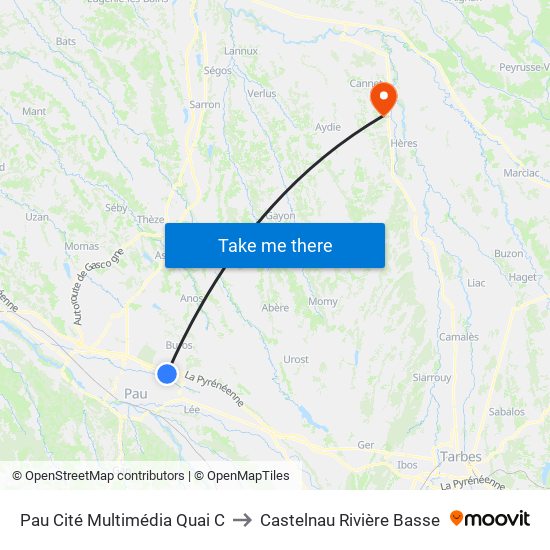 Pau Cité Multimédia Quai C to Castelnau Rivière Basse map
