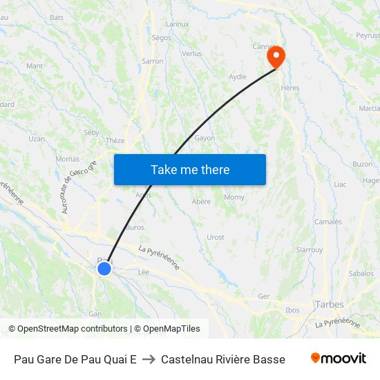 Pau Gare De Pau Quai E to Castelnau Rivière Basse map