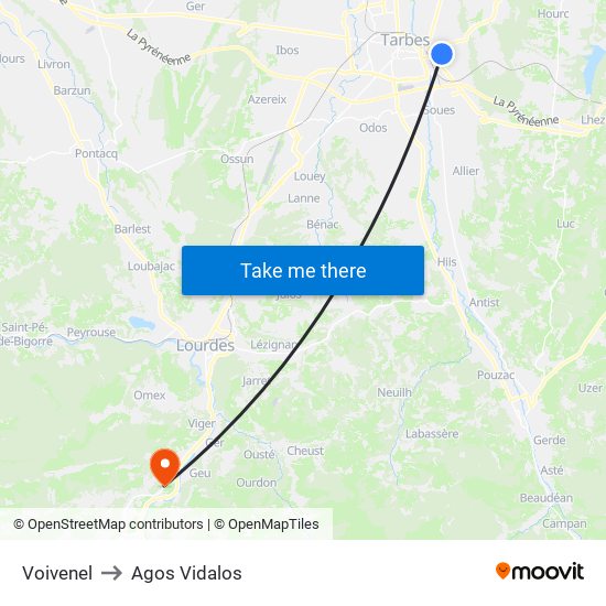 Voivenel to Agos Vidalos map