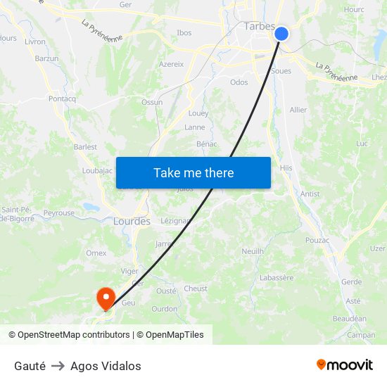 Gauté to Agos Vidalos map