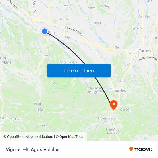 Vignes to Agos Vidalos map