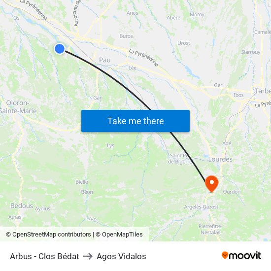 Arbus - Clos Bédat to Agos Vidalos map