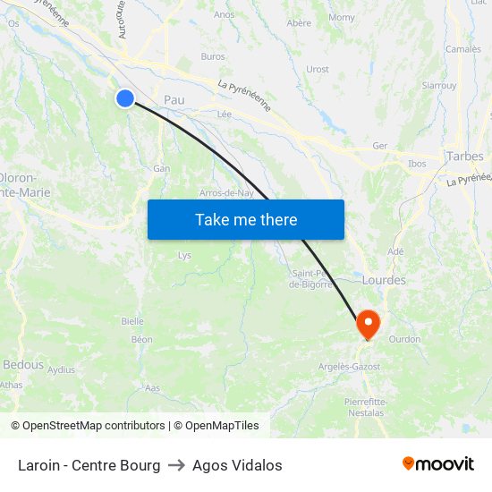Laroin - Centre Bourg to Agos Vidalos map