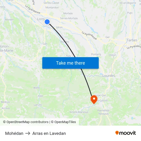 Mohédan to Arras en Lavedan map