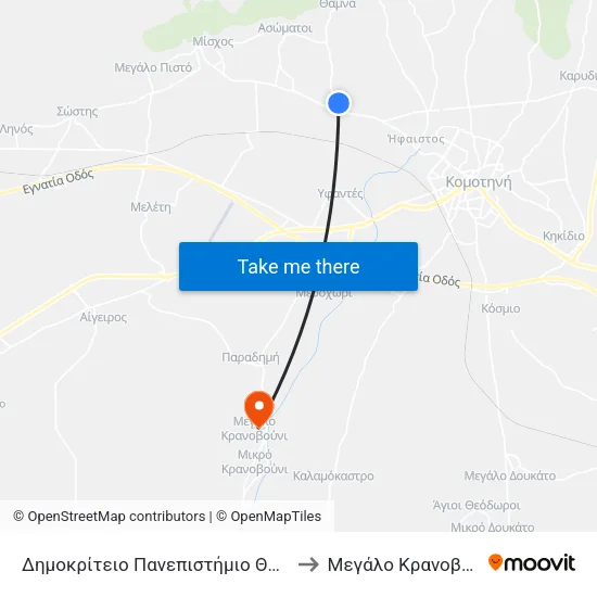 Δημοκρίτειο Πανεπιστήμιο Θράκης to Mεγάλο Κρανοβούνι map