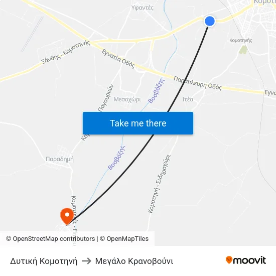 Δυτική Κομοτηνή to Mεγάλο Κρανοβούνι map