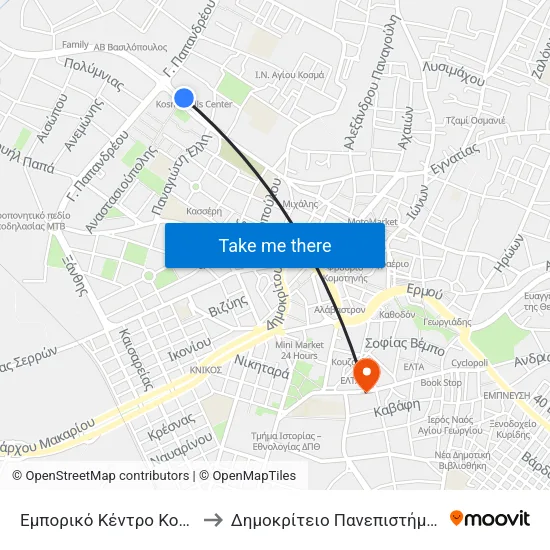 Kosmopolis Shopping Center to Democritus University of Thrace map