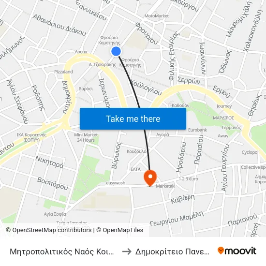 Metropolitan Church of the Dormition to Democritus University of Thrace map