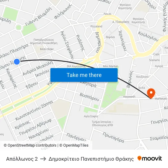 Apollonos 2 to Democritus University of Thrace map