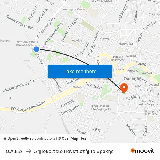 OAED to Democritus University of Thrace map