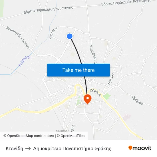 Κτενίδη to Δημοκρίτειο Πανεπιστήμιο Θράκης map