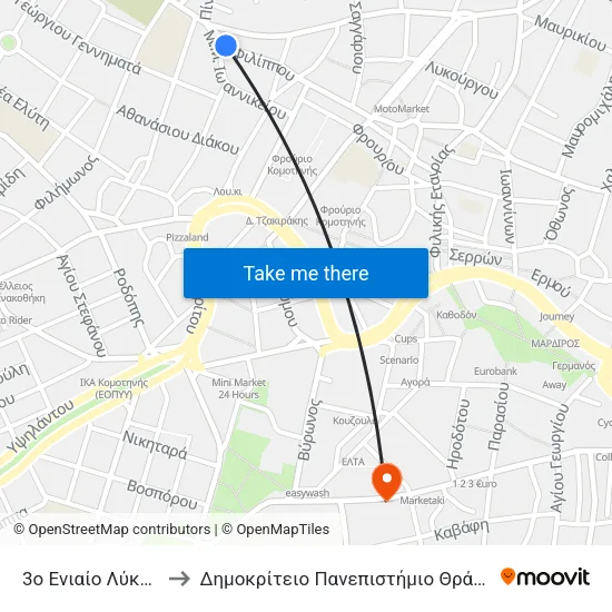 3rd Unified High School to Democritus University of Thrace map