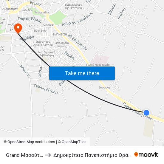 Grand Μασούτης to Δημοκρίτειο Πανεπιστήμιο Θράκης map