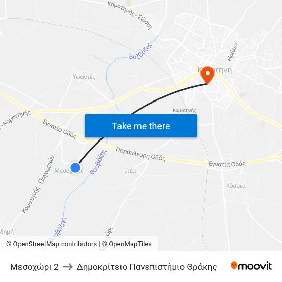 Mesochori 2 to Democritus University of Thrace map