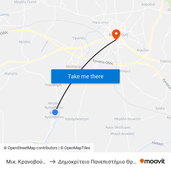 Μικ. Κρανοβούνι 2 to Δημοκρίτειο Πανεπιστήμιο Θράκης map