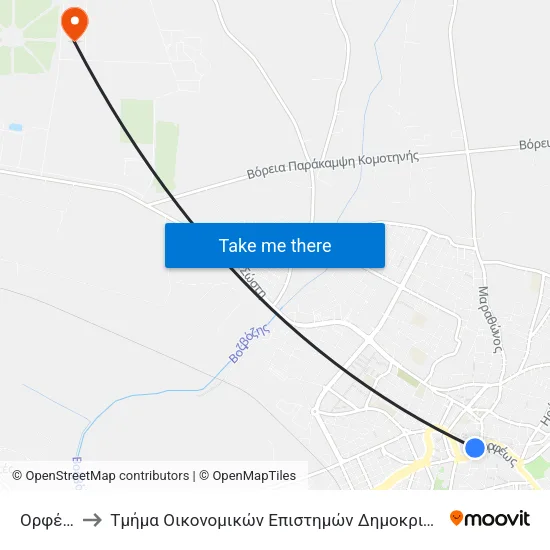 Orfeos 2 to Department of Economic Sciences of Democritus University map