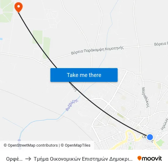 Orfeos 1 to Department of Economic Sciences of Democritus University map