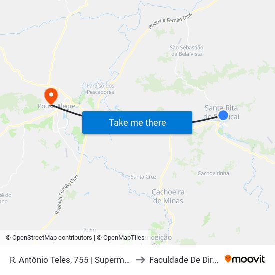 R. Antônio Teles, 755 | Supermercado Romerão - Sentido Centro to Faculdade De Direito Do Sul De Minas map