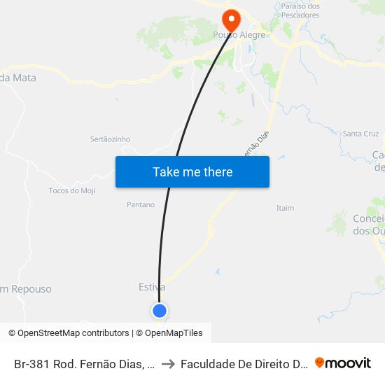 Br-381 Rod. Fernão Dias, Km 882,6 Norte to Faculdade De Direito Do Sul De Minas map
