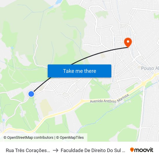 Rua Três Corações, 2324 to Faculdade De Direito Do Sul De Minas map