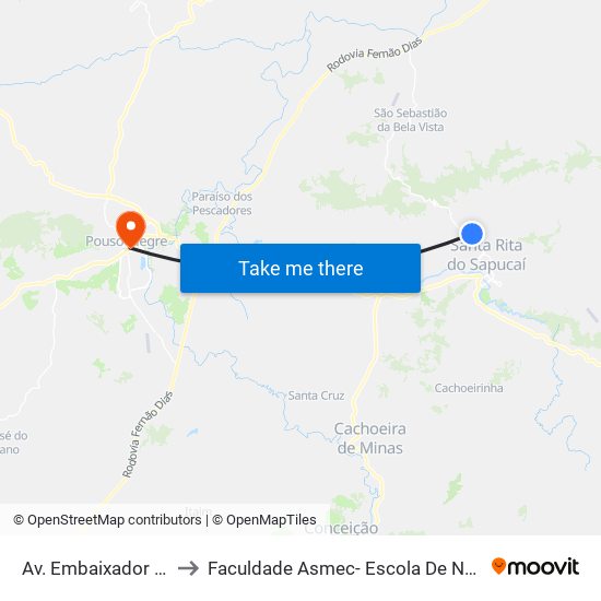 Av. Embaixador Bilac Pinto, 10 to Faculdade Asmec- Escola De Negócios De Pouso Alegre map