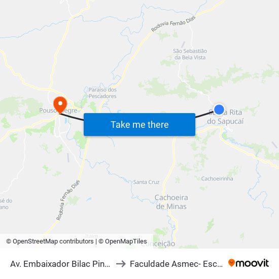 Av. Embaixador Bilac Pinto | Santa Felicidade - Sentido Bairro to Faculdade Asmec- Escola De Negócios De Pouso Alegre map