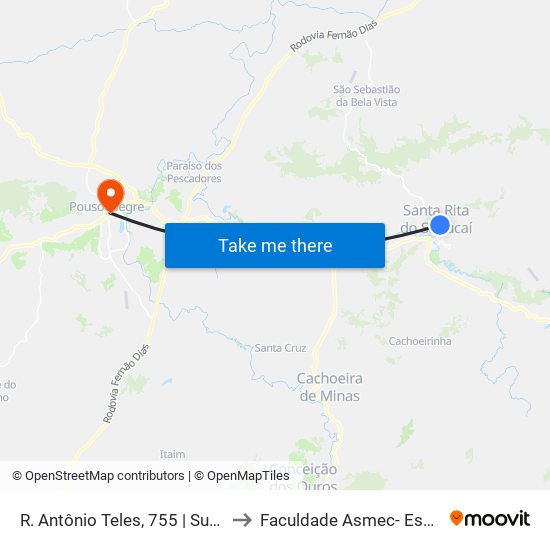 R. Antônio Teles, 755 | Supermercado Romerão - Sentido Centro to Faculdade Asmec- Escola De Negócios De Pouso Alegre map