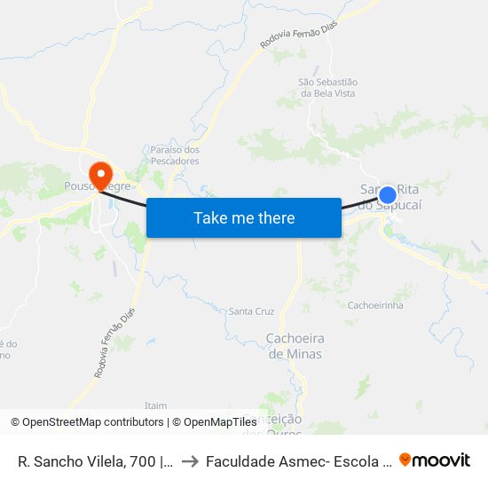 R. Sancho Vilela, 700 | Usivale - Sentido Recanto to Faculdade Asmec- Escola De Negócios De Pouso Alegre map