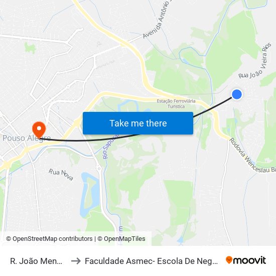 R. João Mendonça, 352 to Faculdade Asmec- Escola De Negócios De Pouso Alegre map